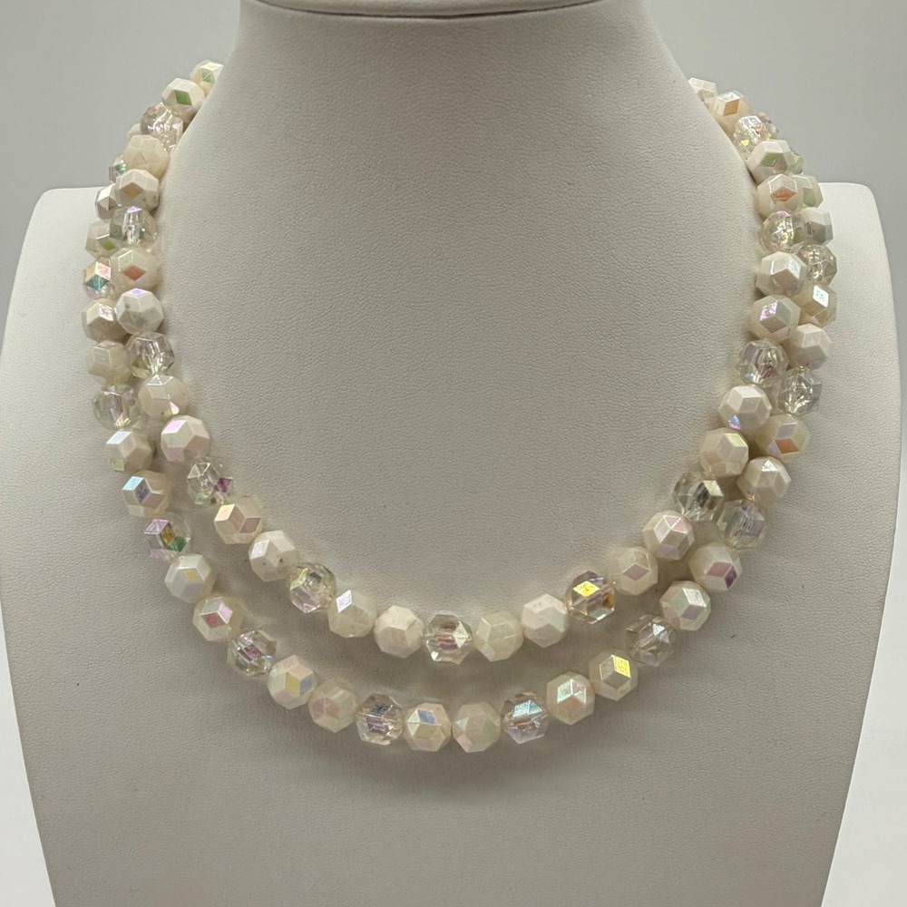 Vintage West‎ Germany Lucite AB Crystal Bead Necklace Double Strand Opaline